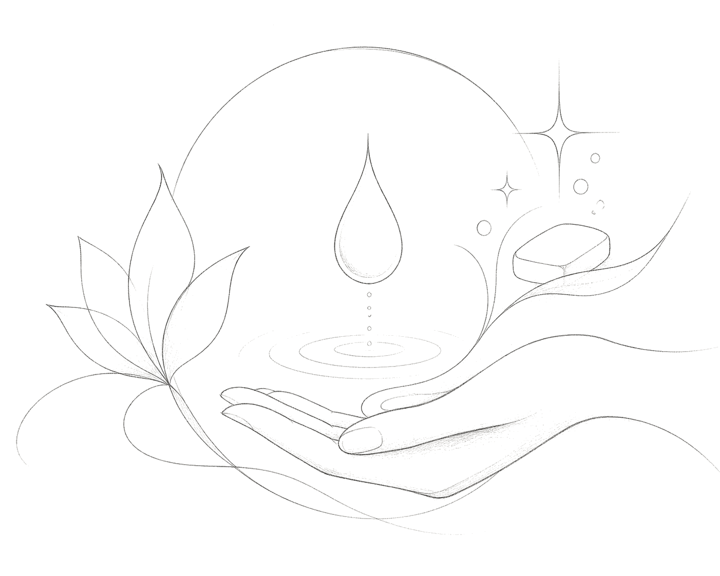 Pencil illustration of a cupped hand holding a water droplet and lotus leaves, with a soap bar and sparkles — a quiet symbol of care and hygiene.