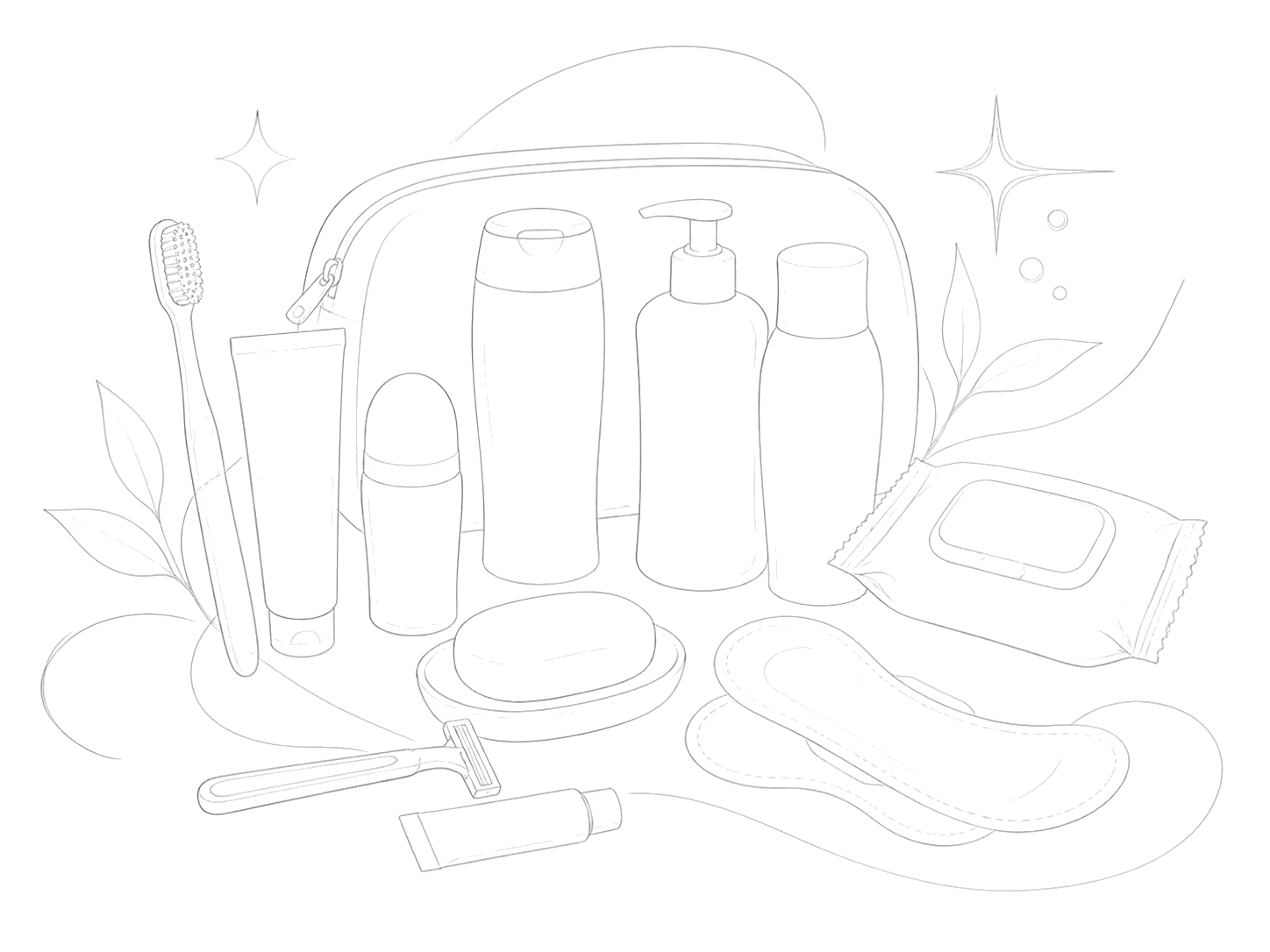 A pencil illustration of a hygiene kit: a zippered toiletry pouch, toothbrush, toothpaste, deodorant, shampoo, soap pump, conditioner, soap bar, razor, body wipes, and feminine pads, with delicate leaves arranged around them.